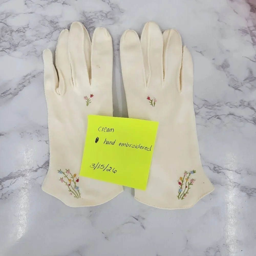 50s Vintage Cream Hand Floral Flower Embroidered Women's Dress Gloves